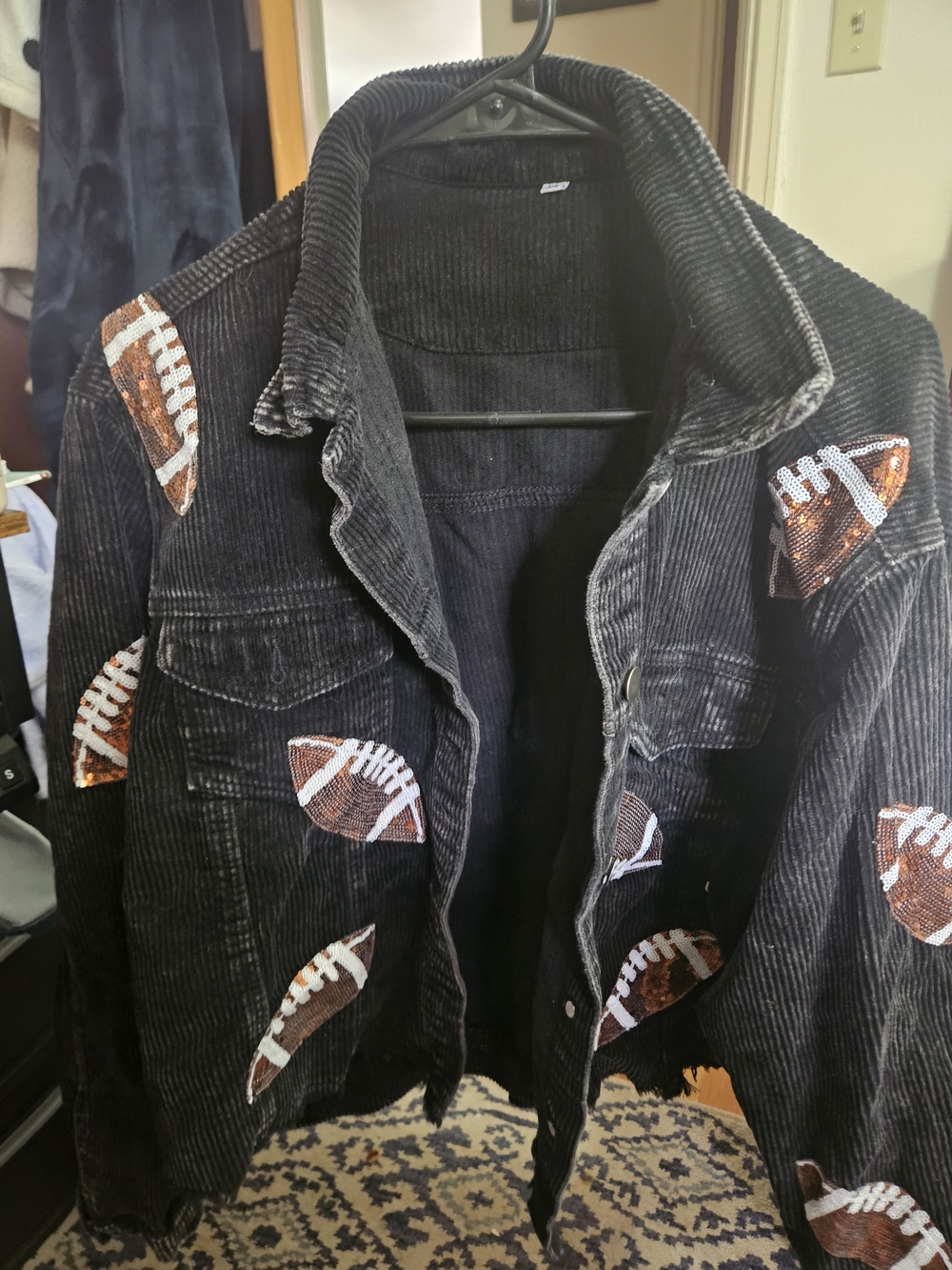 Black Corduroy Jacket with Sequin Football Appliqués
